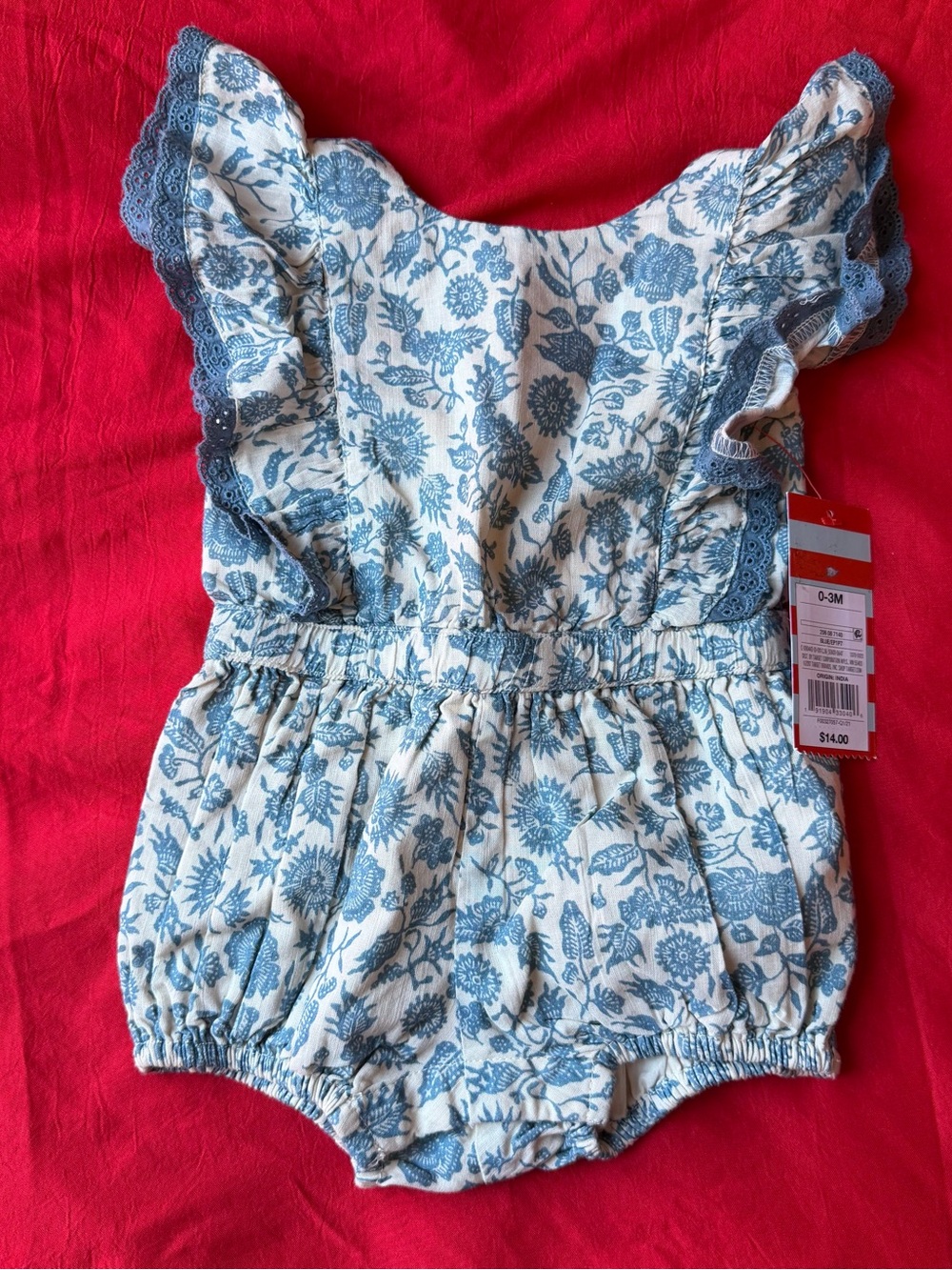 Cat & Jack Blue Floral Bubble Romper with Lace Trim